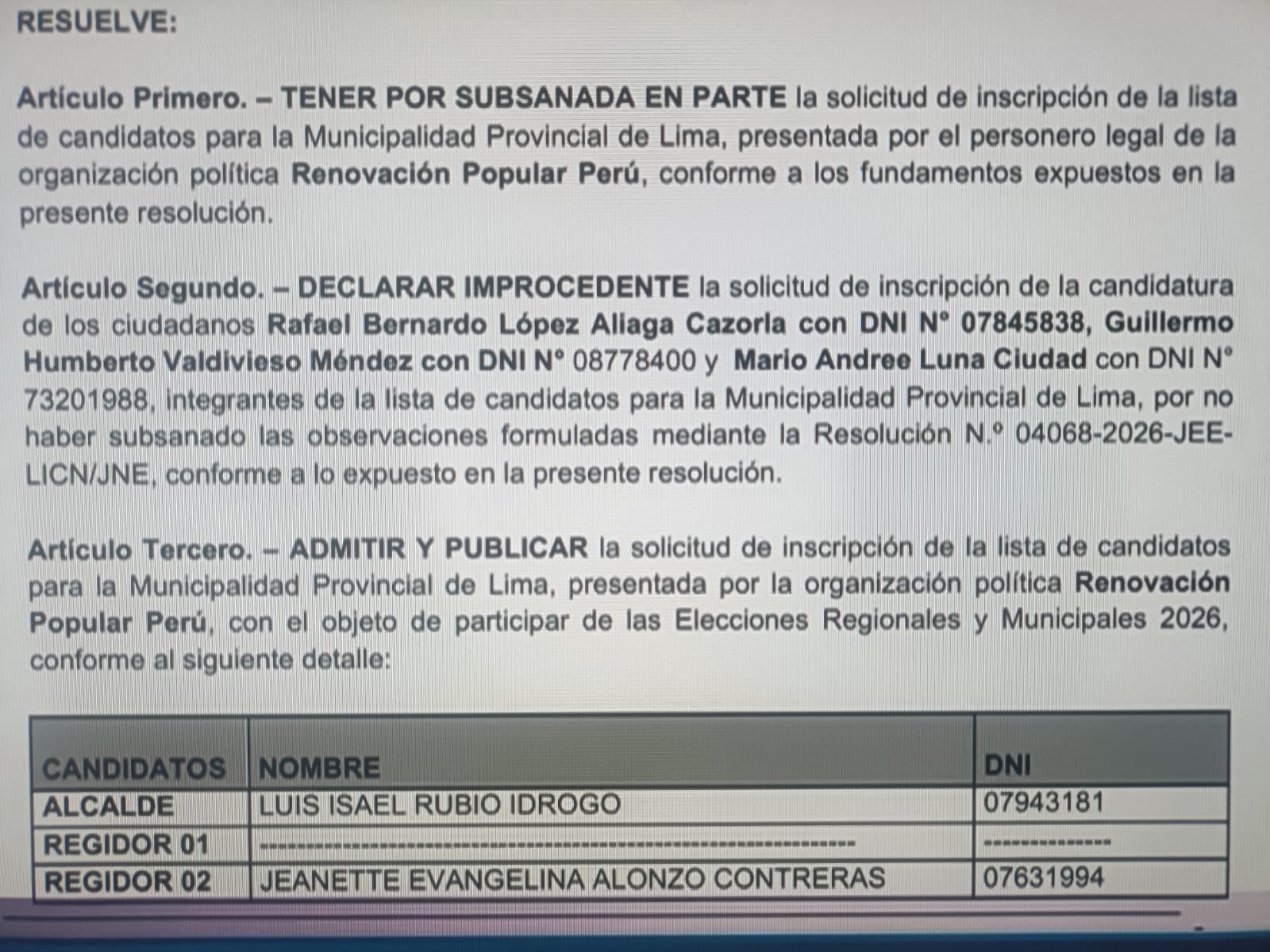Resolución JEE. Foto: Captura Canal N