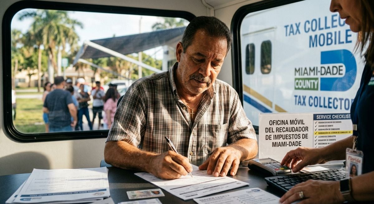 Además de licencias e identificaciones, la unidad móvil permite pagar impuestos sobre la propiedad, recibos comerciales y otros trámites que normalmente se hacen en las oficinas del recaudador (Foto: Imagen creada por Gestión MIX usando Gemini)