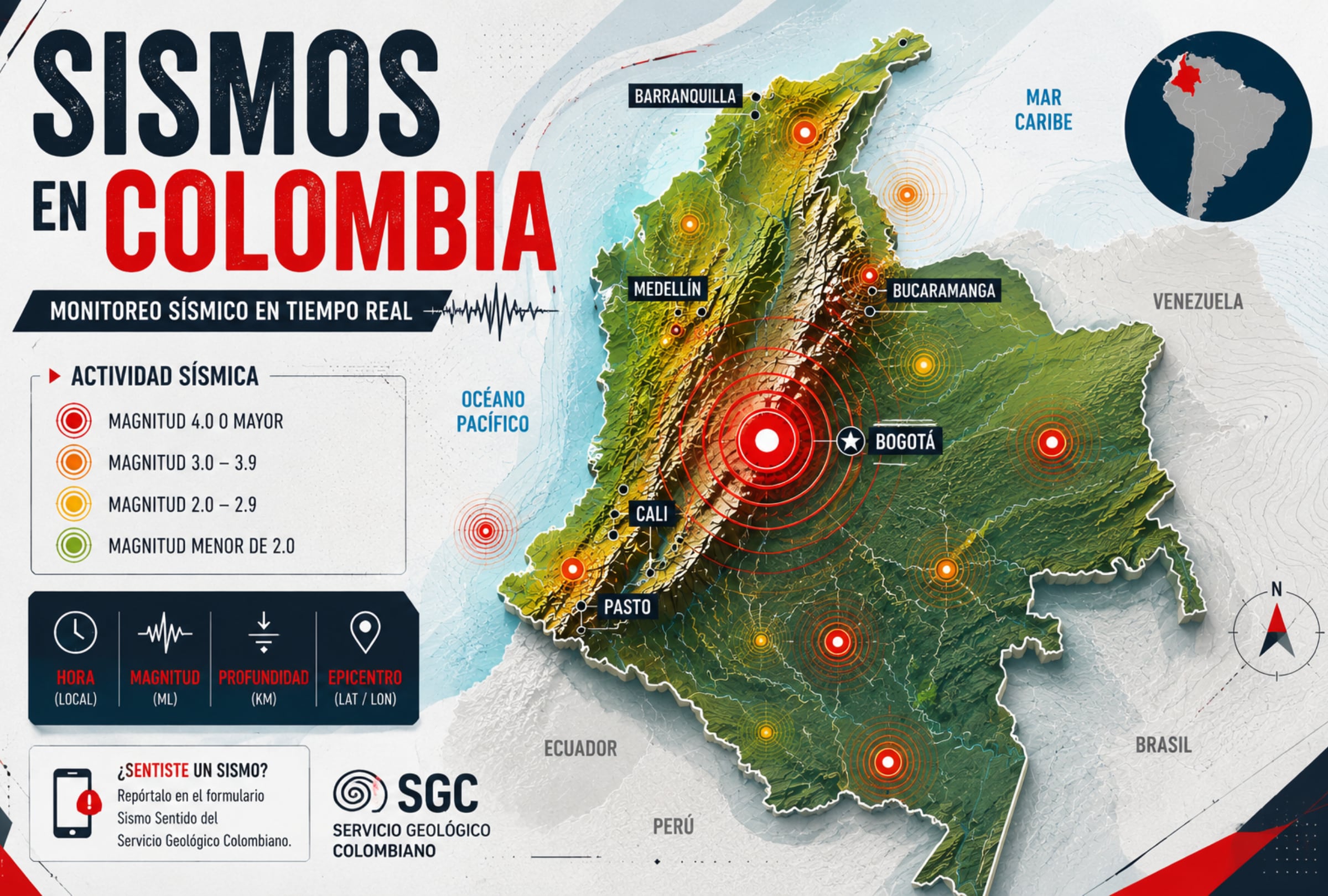 BOGOTÁ (COLOMBIA), 21/08/2026.- Te compartimos los datos sobre dónde y a qué hora fueron registrados los últimos temblores en Colombia este viernes 21 de agosto, así como su magnitud, profundidad y epicentro, según el reporte del Servicio Geológico Colombiano (SGC). FOTO DE NOÉ YACTAYO CON DATOS DEL SGC DE COLOMBIA