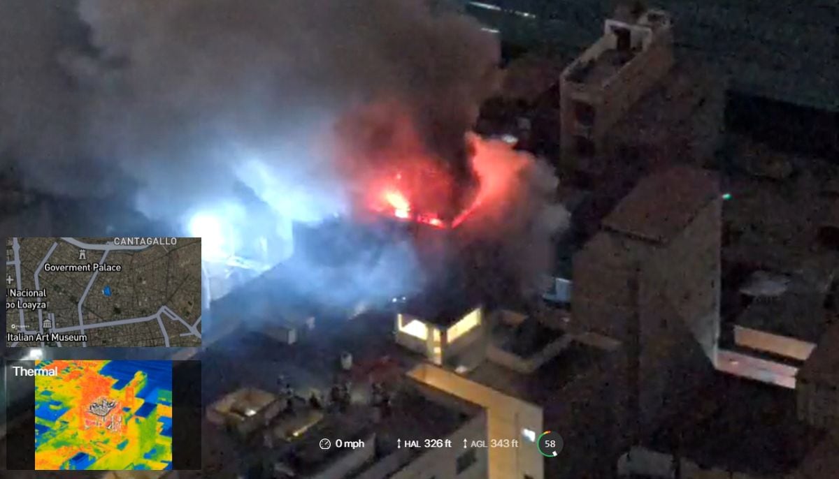 Con 15 unidades en la zona, los bomberos enfrentan dificultades para contener el fuego en el jirón Miró Quesada. Foto: MML/Captura de video.