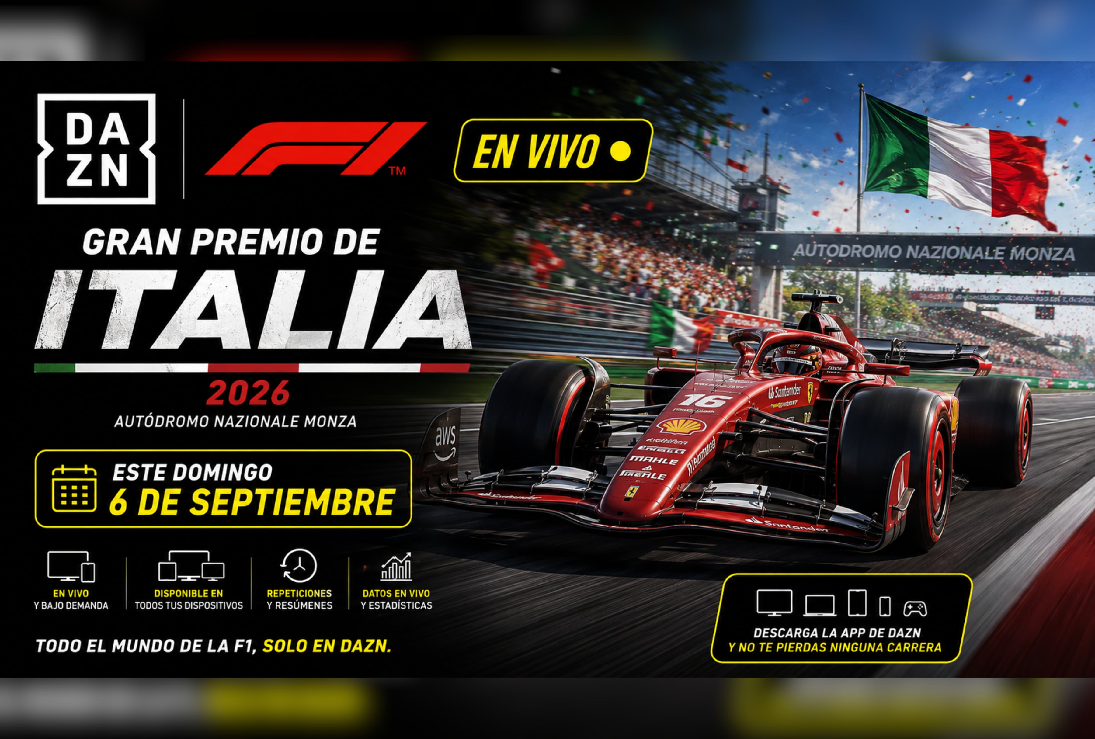 Vista desde la cámara del casco de un piloto acelerando en la mítica variante del trazado de Monza durante la carrera del GP de Italia 2026, emitida a través de las plataformas de DAZN en España. | Imagen referencial creada por Depor utilizando la IA de Chat GPT / Composición GEC