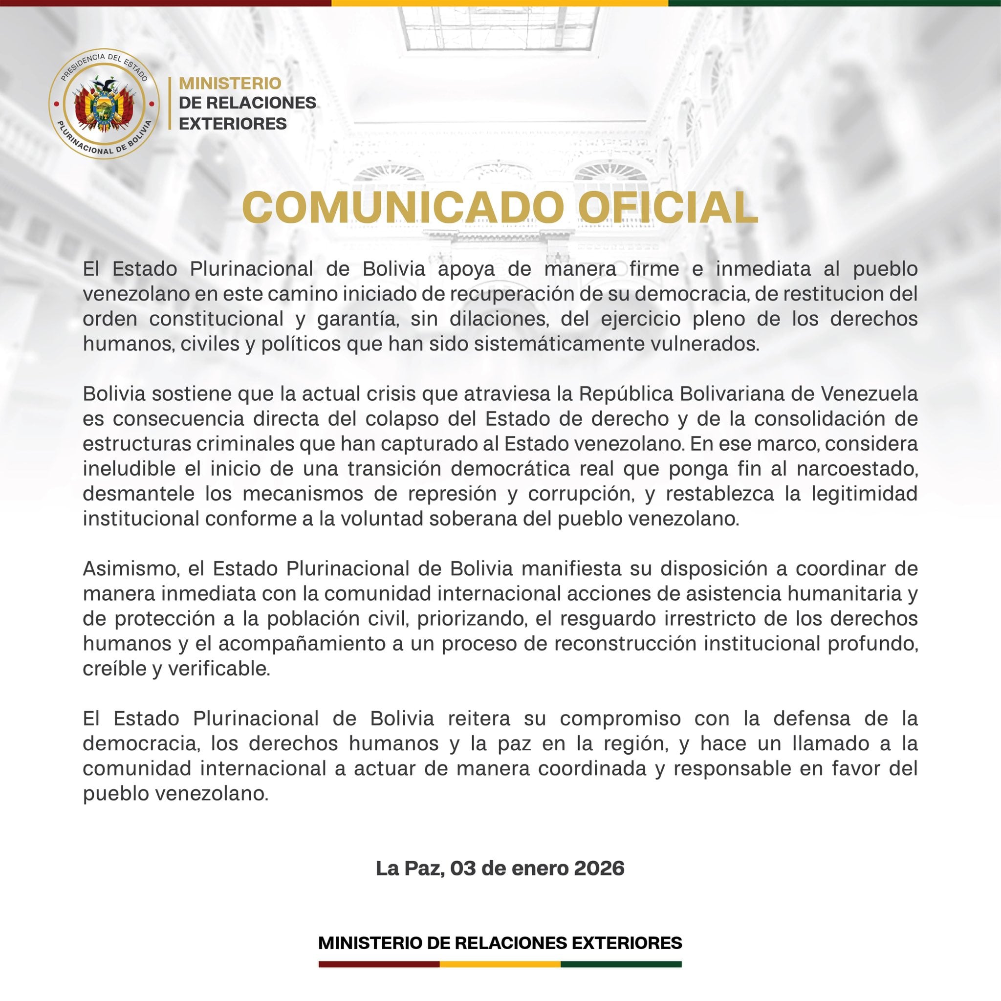 Pronunciamiento de la Cancillería de Bolivia.