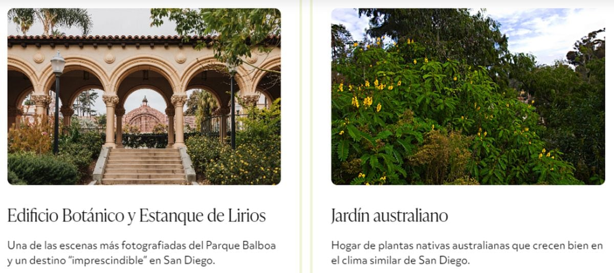 A la izquierda: Edificio Botánico y estanque de lirios y a la derecha: Jardín australiano, ambos en Balboa Park (Foto: Sitio web de Balboa Park)