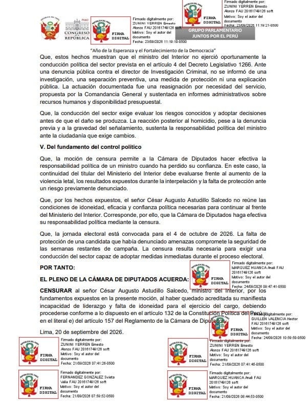 El documento cuestiona la gestión del titular del Mininter y señala que hasta agosto se registraron 1,499 homicidios, un promedio de 6.16 casos diarios. Foto: Congreso