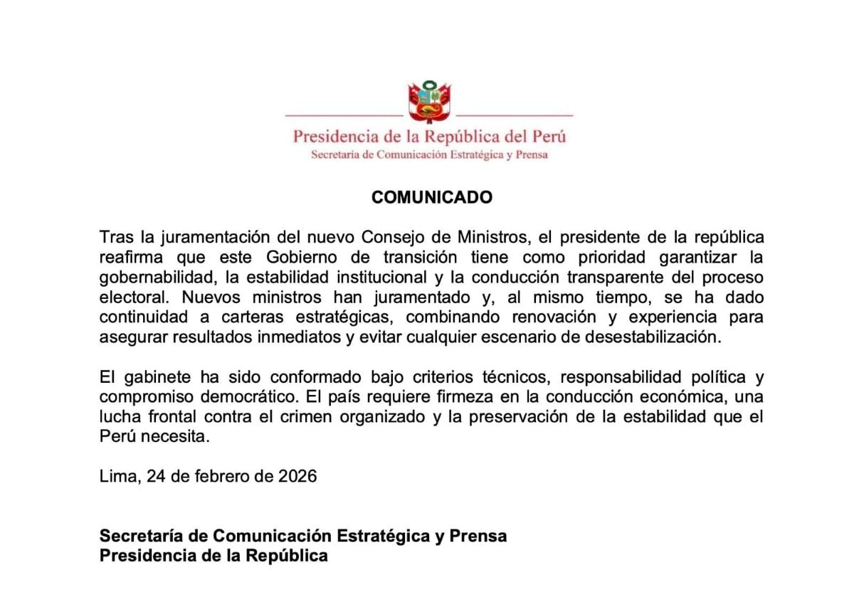 Comunicado de Presidencia de la República, tras juramentación del gabinete Miralles.