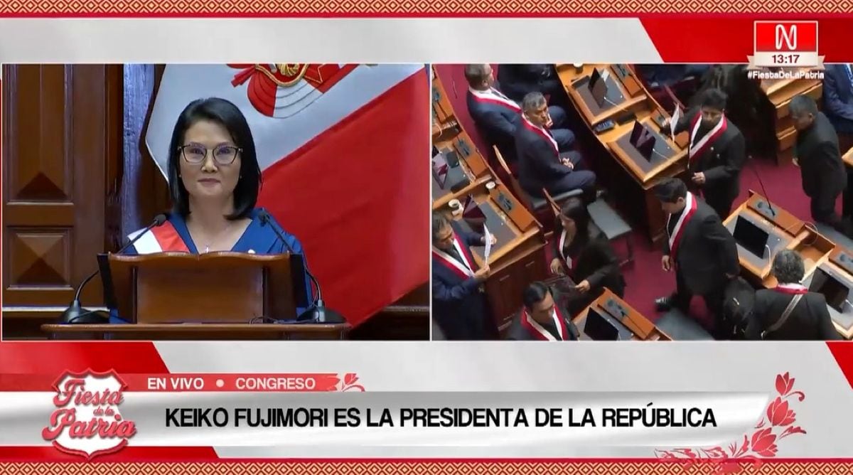 Congresistas de Juntos por el Perú y algunos miembros de Ahora Nación se retiraron del hemiciclo antes del mensaje de Keiko Fujimori. Foto: Captura Canal N.