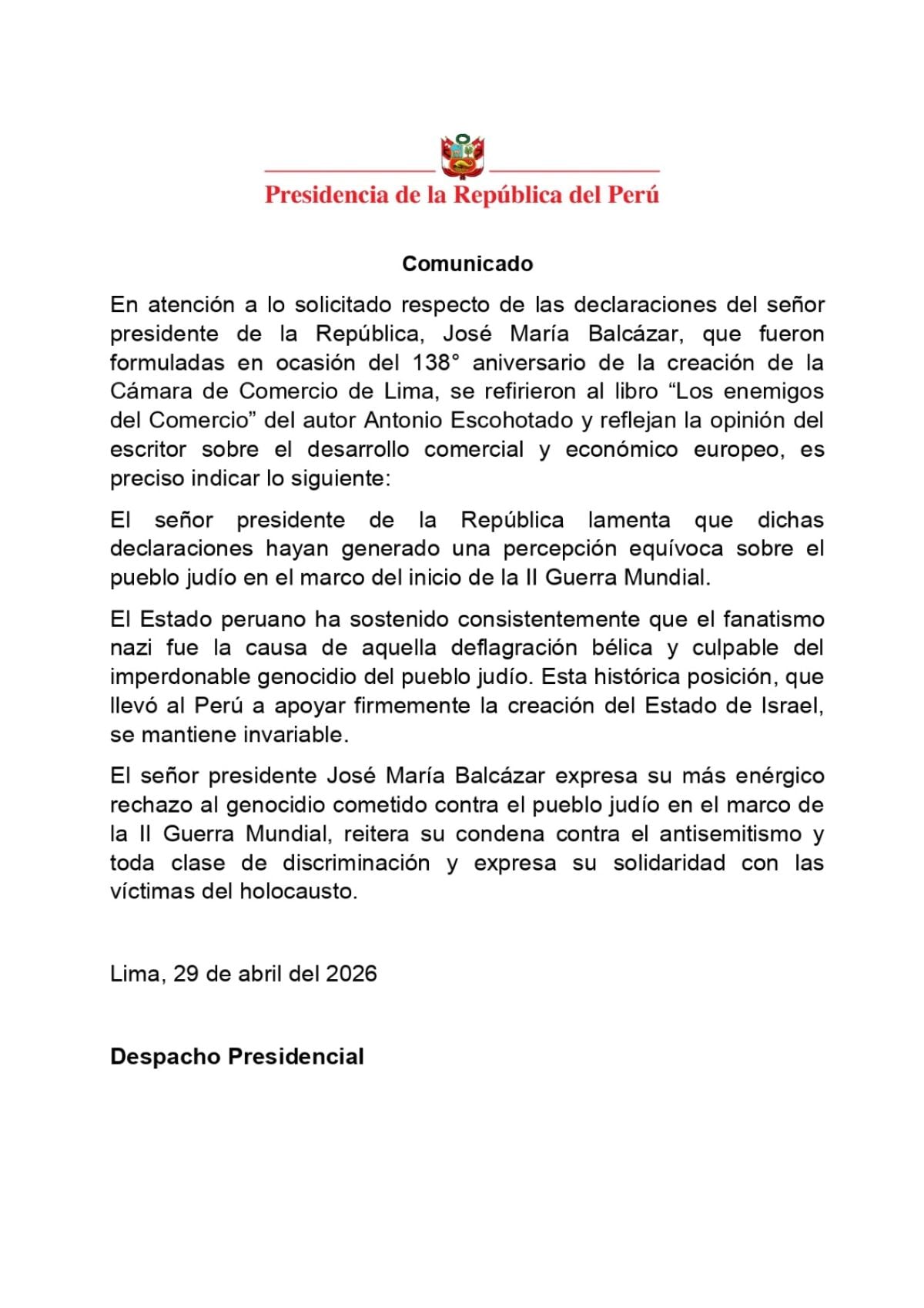 Comunicado de Presidencia. Foto: X.