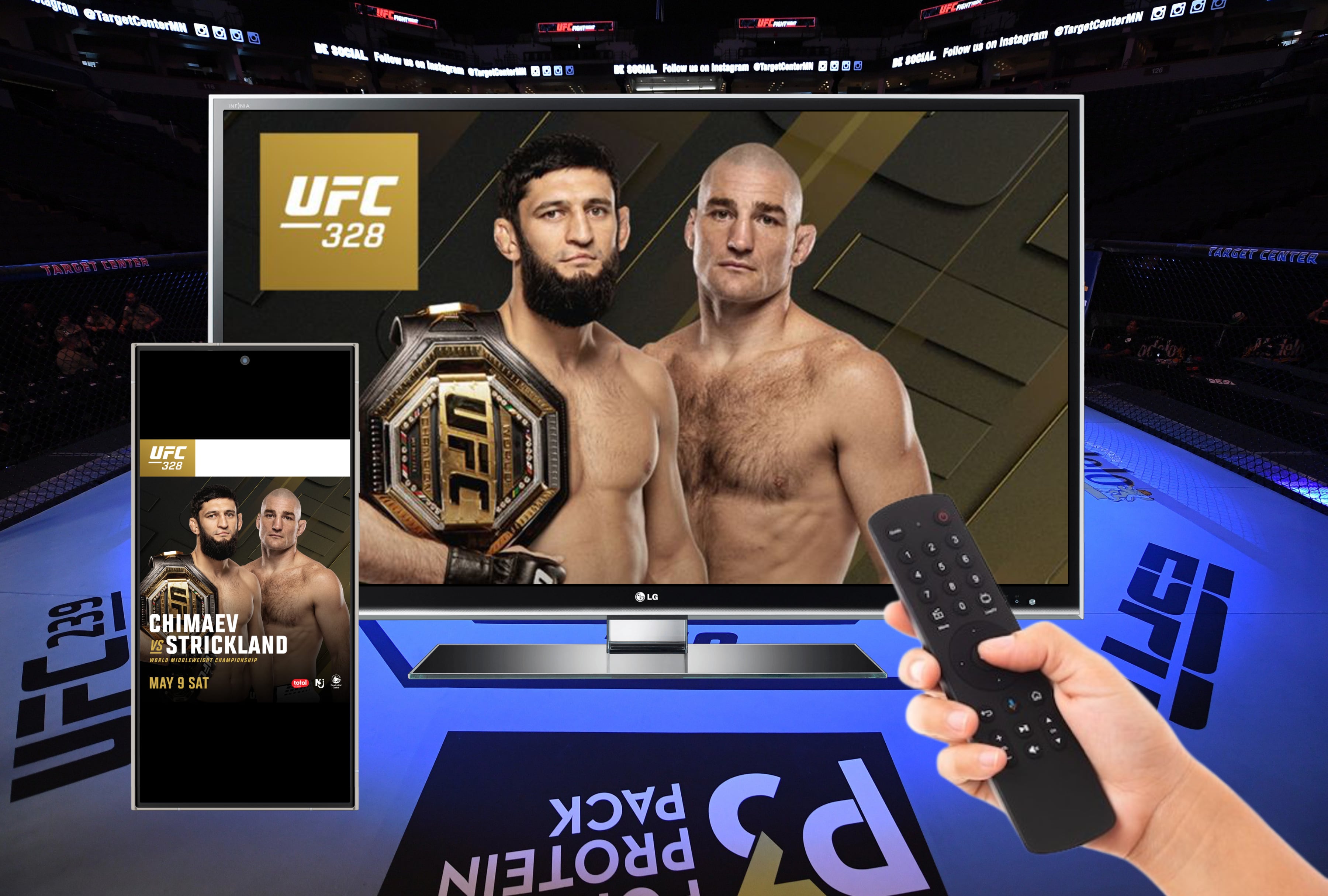 Guía de canales para ver la pelea Khamzat Chimaev vs. Sean Strickland en vivo por UFC 328. Consulta las opciones de TV y streaming online para seguir el evento estelar desde USA, México y España este fin de semana de artes marciales mixtas. | Crédito: ufcenespanol.com / Composición Mag