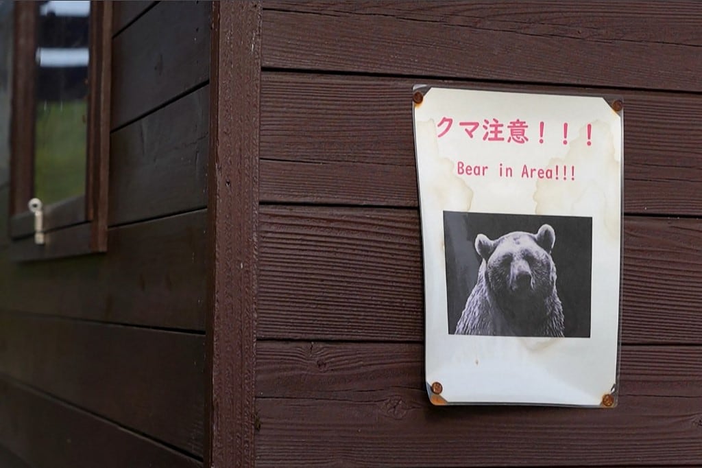 (ARCHIVOS) Esta captura de pantalla, tomada de un video de AFPTV filmado el 25 de octubre de 2025, muestra una señal de advertencia de "Oso en la zona" cerca de un bosque en la prefectura de Akita. (Foto de Caroline GARDIN / AFPTV / AFP)