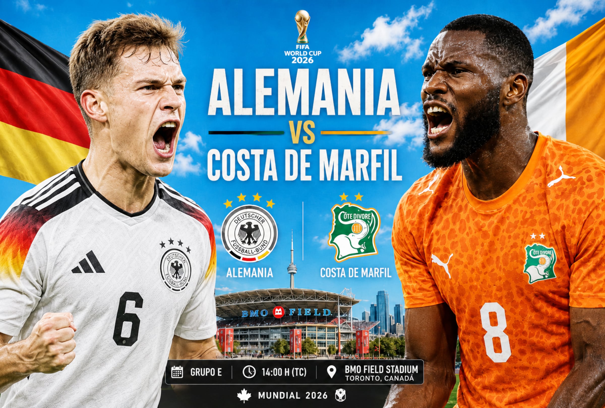 TORONTO (CANADÁ), 20/06/2026.- Lista de canales de televisión y servicios streaming para ver el partido Alemania vs. Costa de Marfil EN VIVO EN DIRECTO ONLINE hoy por la Jornada 2 del grupo E del Mundial 2026 en el BMO Field Stadium de Toronto, Canadá. FOTO DE NOÉ YACTAYO