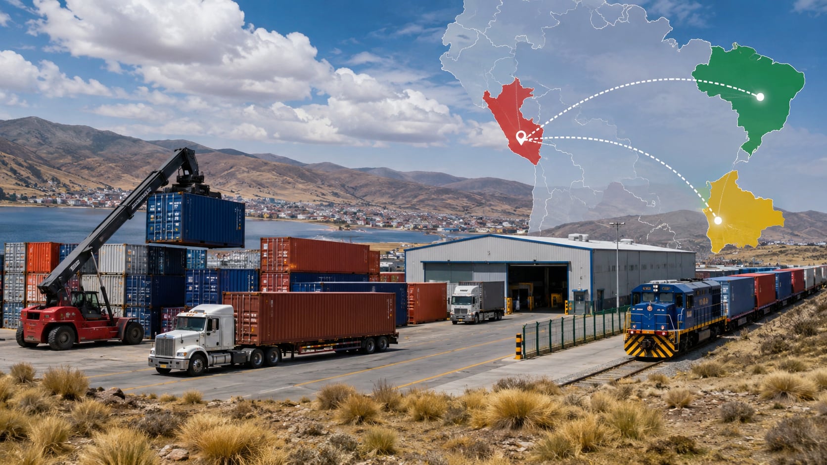 El objetivo principal del Puerto Seco de San Román es ser el punto de concentración de la carga que ingrese por el sur del Perú. Fotocomposición: Alessandro Azurín, ChatGPT, Diario Gestión.