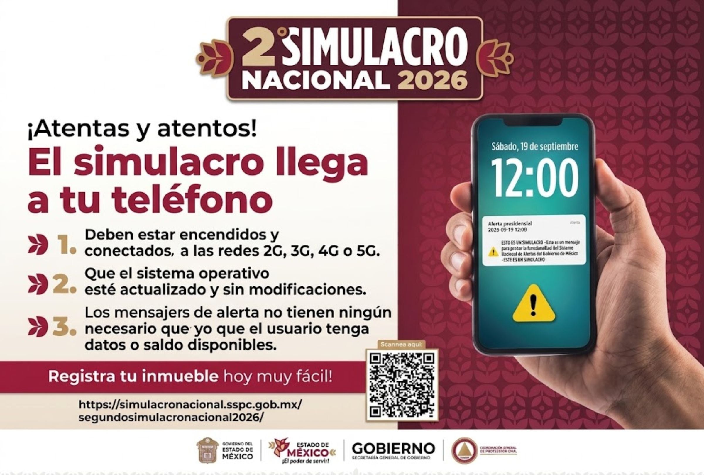 El Simulacro Nacional 2026 será el sábado 19 de septiembre a las 12:00 horas. Conoce cómo sonará la alerta en tu celular, qué significa el mensaje y cómo participar. (Foto: Gobierno de México)