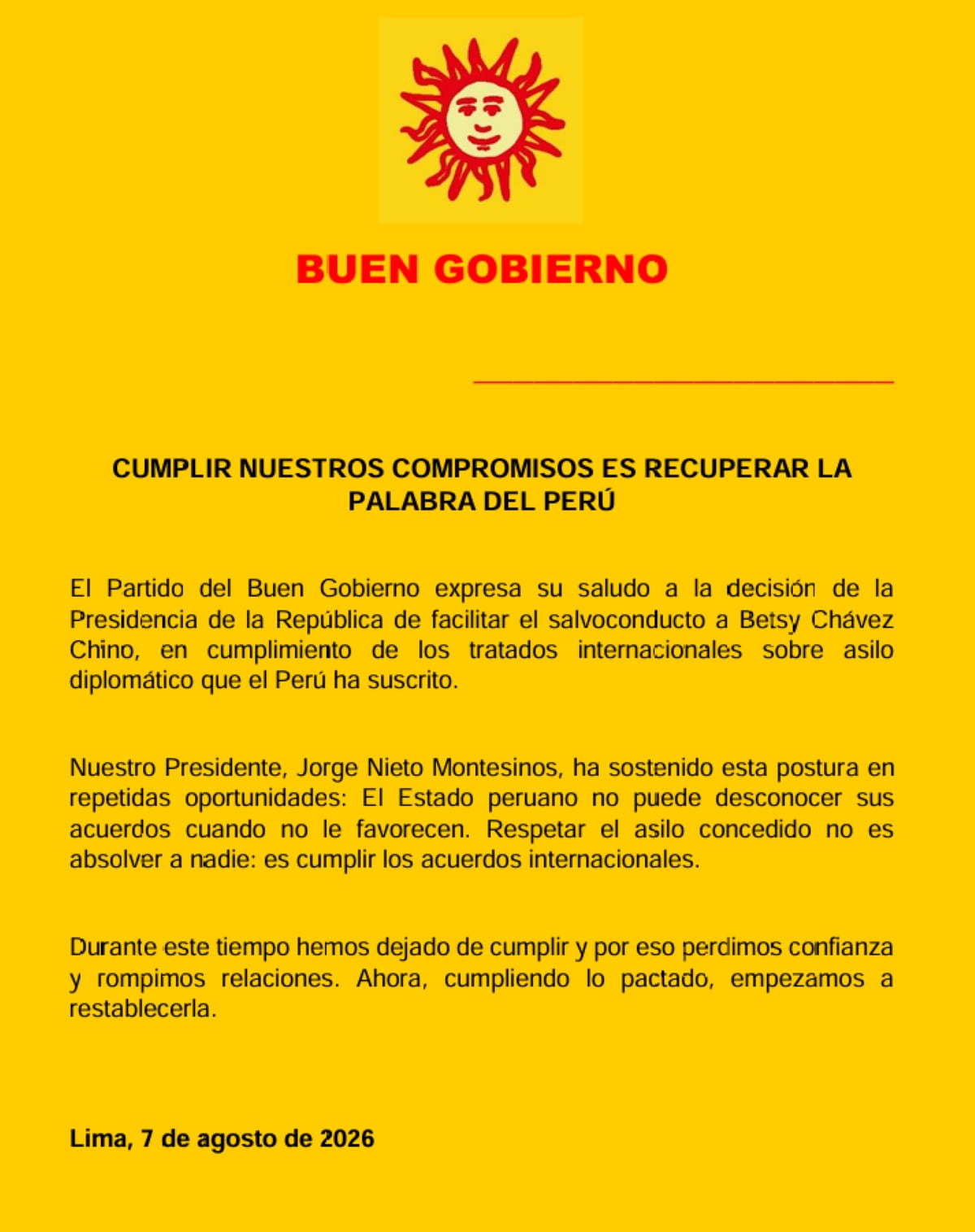Comunicado del Partido del Buen Gobierno. Foto: X.