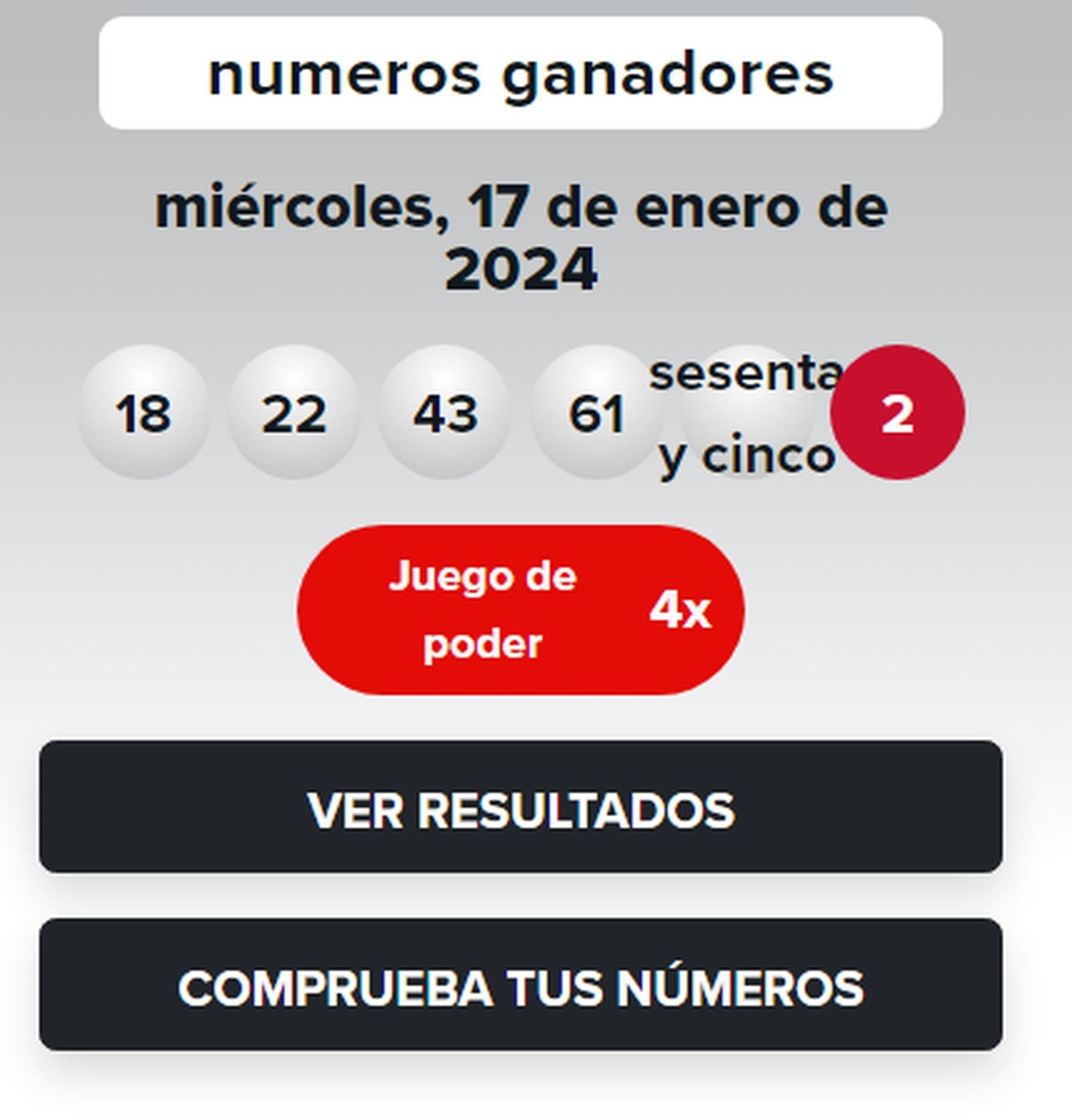 Resultados del Jackpot del 17 de enero que ofrece la lotería de EEUU (Foto: Powerball)