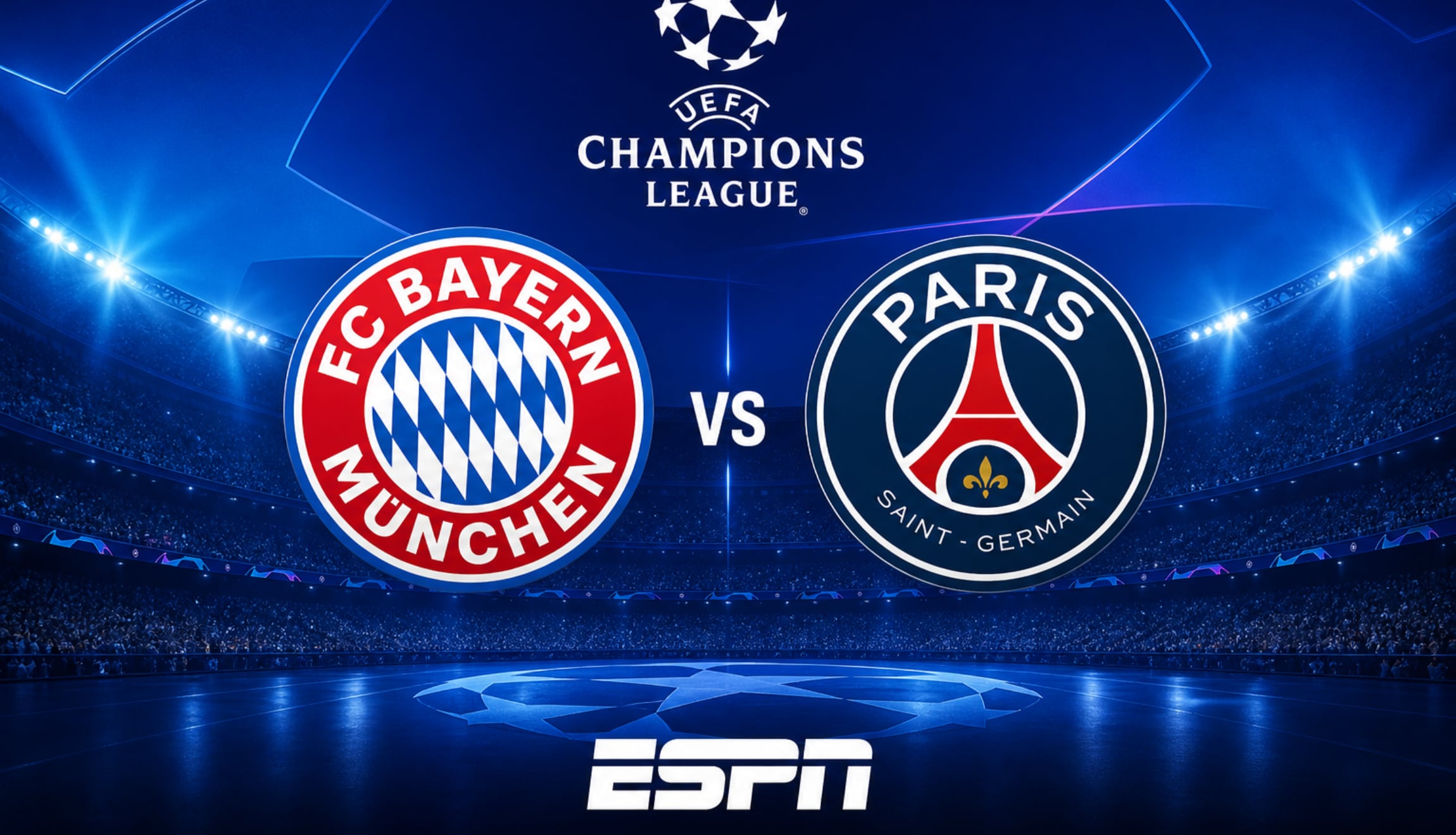 Señal de ESPN para ver Bayern Múnich vs. PSG en vivo y en directo, este miércoles 6 de mayo de 2026, por la semifinal vuelta de la UEFA Champions League. (Foto: Imagen creada por Gestión Mix utilizando la IA de Chat GPT)