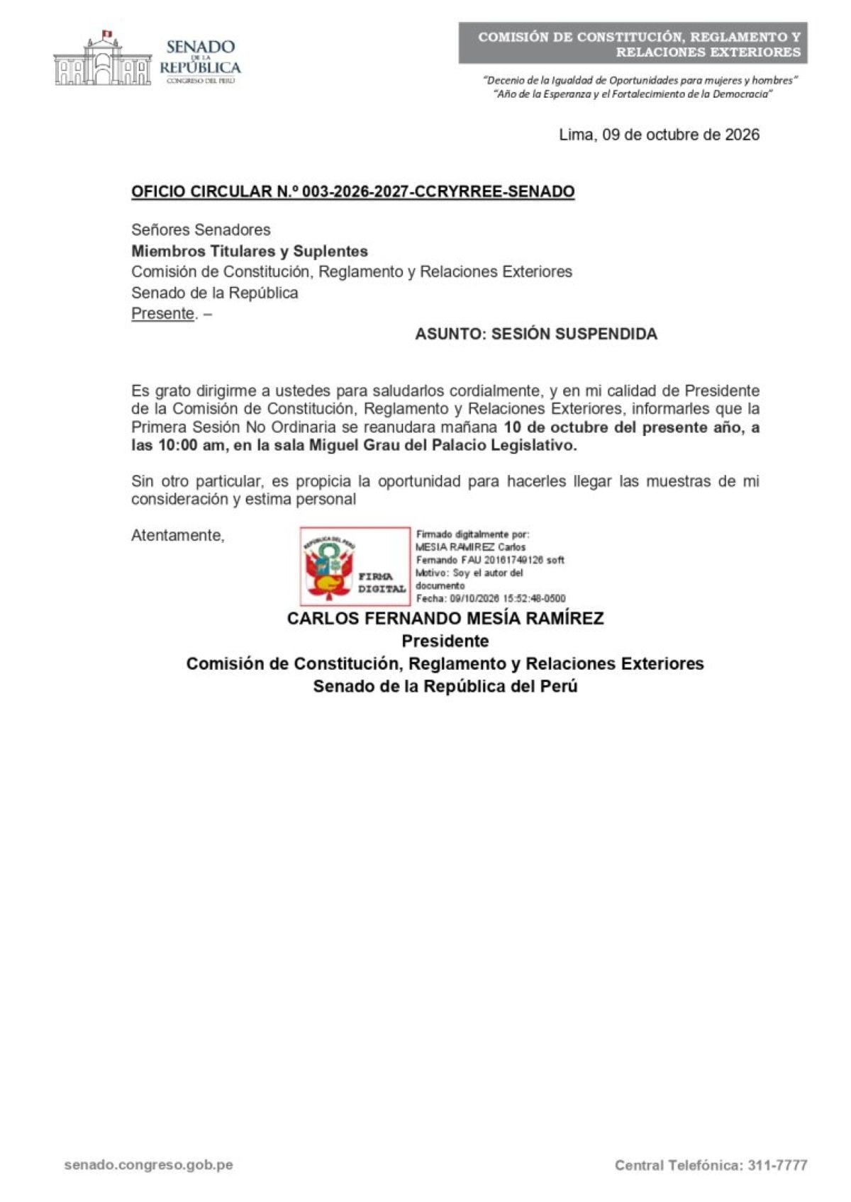Senado suspende debate sobre facultades hasta este sábado.