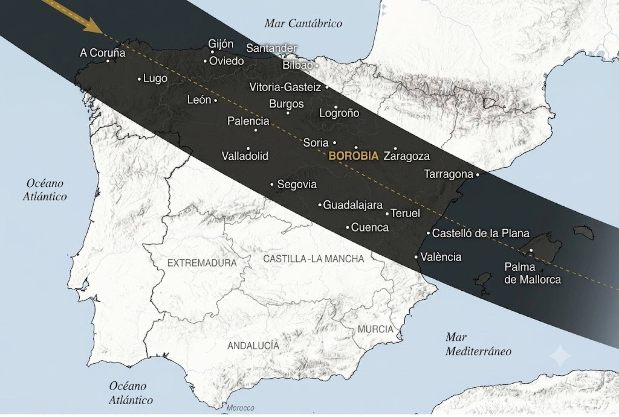 Trayectoria de la totalidad del Eclipse de sol del 12 de agosto de 2026 sobre la Península Ibérica y las islas Baleares. (Foto: Observatorio de Borobia)