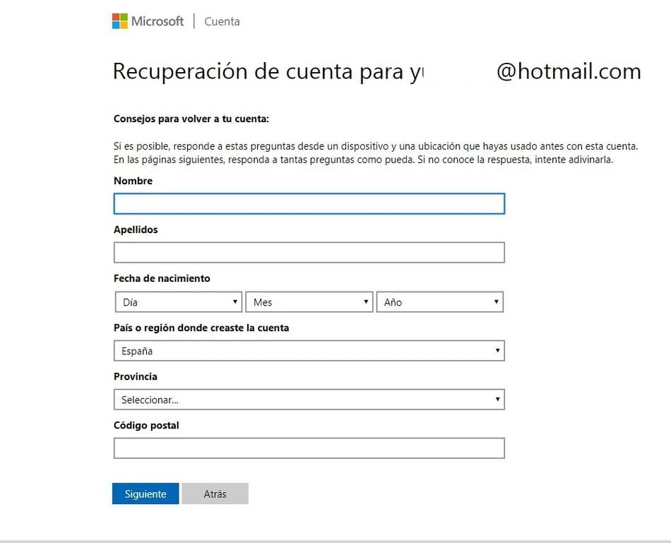 Te pedirán datos personales como: nombre, apellido, país, etc. (Foto: Outlook)