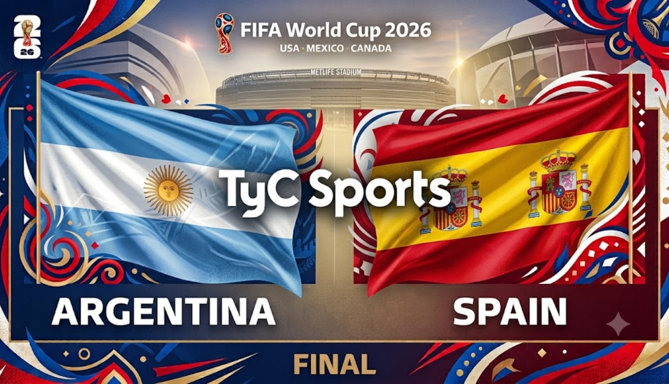 Señal de TyC Sports EN VIVO para ver la transmisión de Argentina vs. España por la final del Mundial de Fútbol 2026, este domingo 19 de julio en el Metlife Stadium. (Foto: Imagen creada por Gestión Mix utilizando la IA de Gemini)