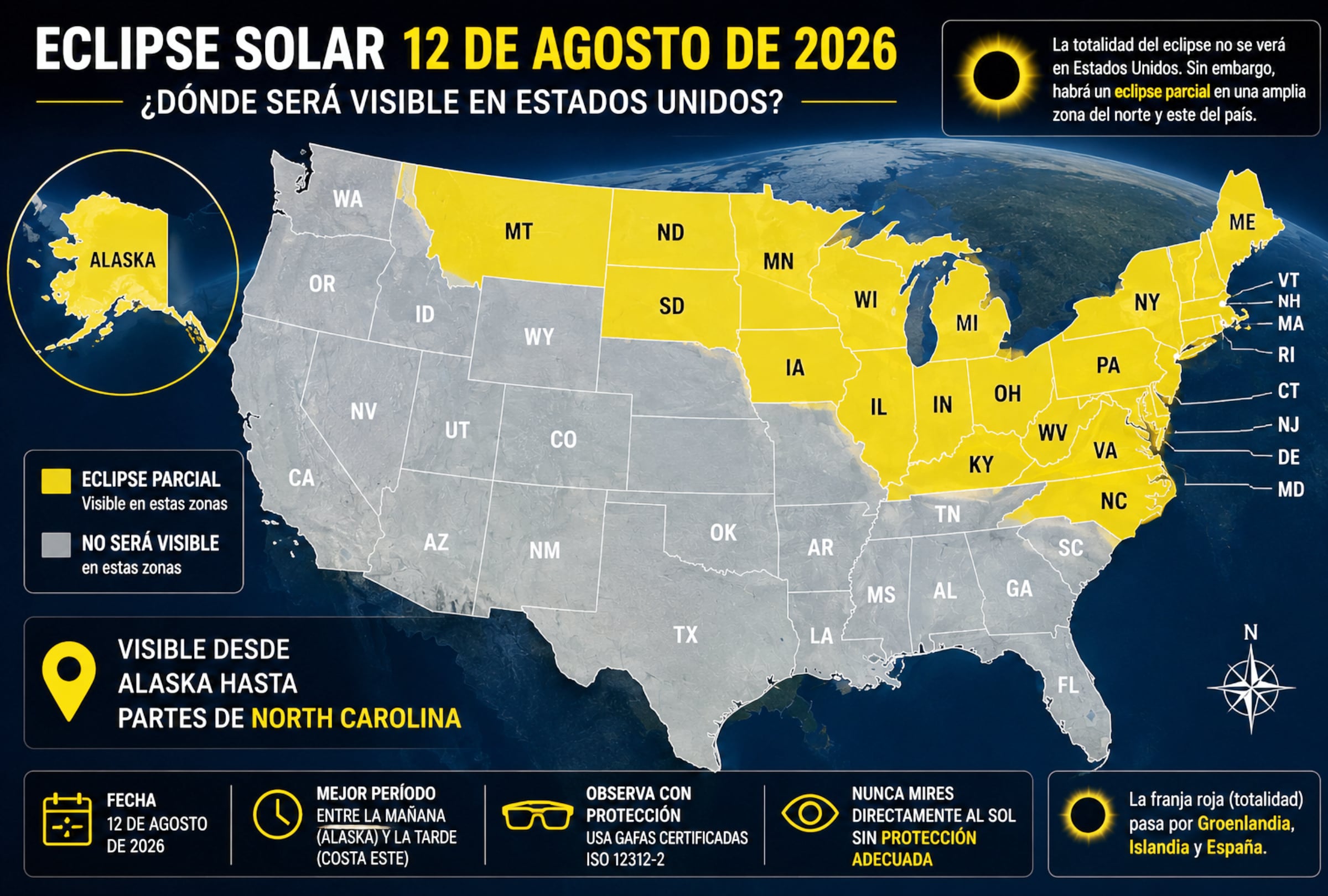 NYC, NUEVA YORK (ESTADOS UNIDOS), 12/08/2026.- El eclipse solar del 12 de agosto de 2026 será visible de forma parcial en Alaska y en distintas zonas del norte y este de Estados Unidos, desde Montana y las Dakotas hasta Nueva York, Nueva Inglaterra y partes de North Carolina. FOTO DE NOÉ YACTAYO