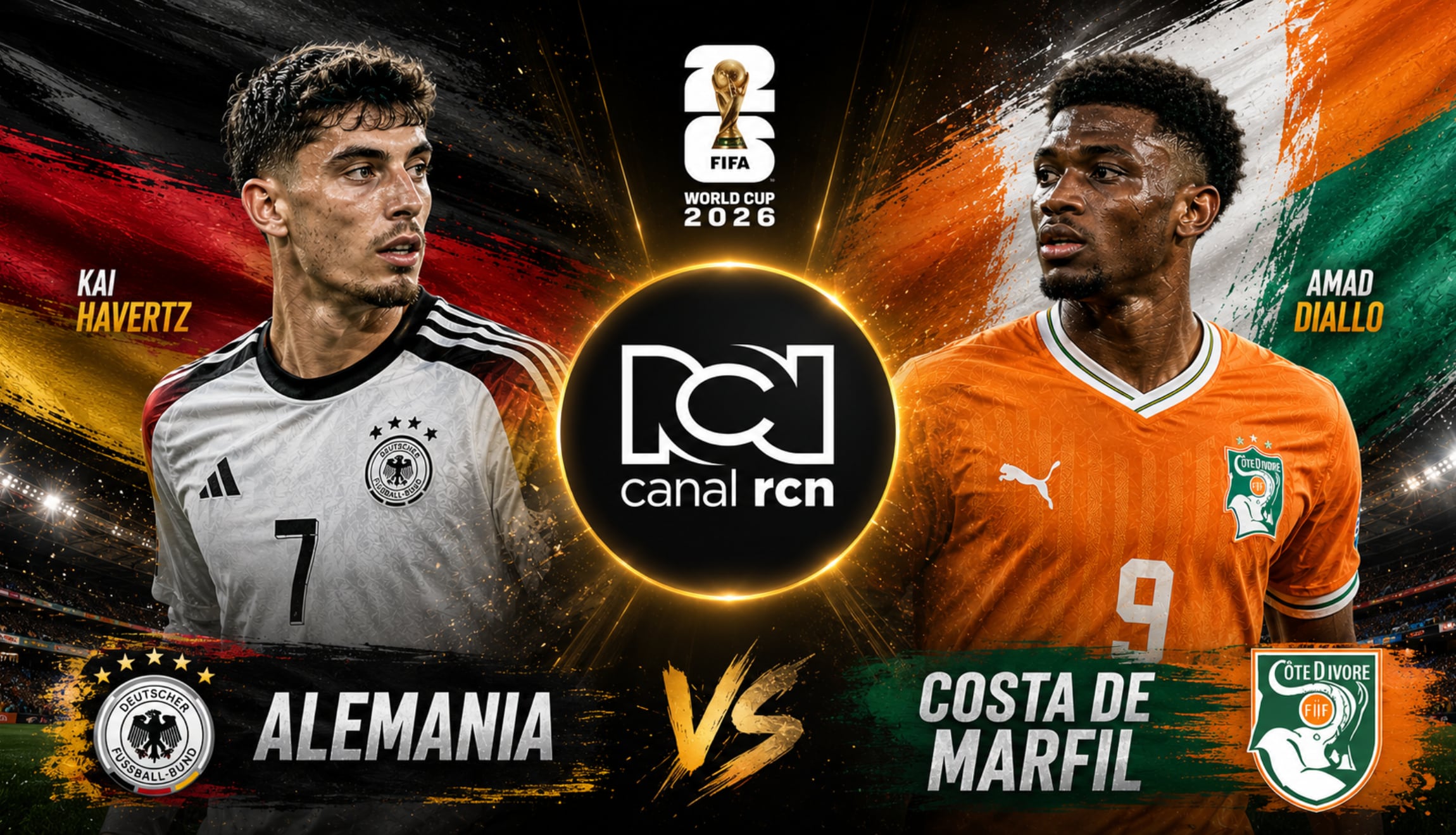 Señal del Canal RCN para ver la transmisión de Alemania vs. Costa de Marfil en vivo y en directo, este sábado 20 de junio, por la Jornada 2 del Grupo E del Mundial de Fútbol 2026. (Foto: Imagen creada por Gestión Mix utilizando la IA de Chat GPT)