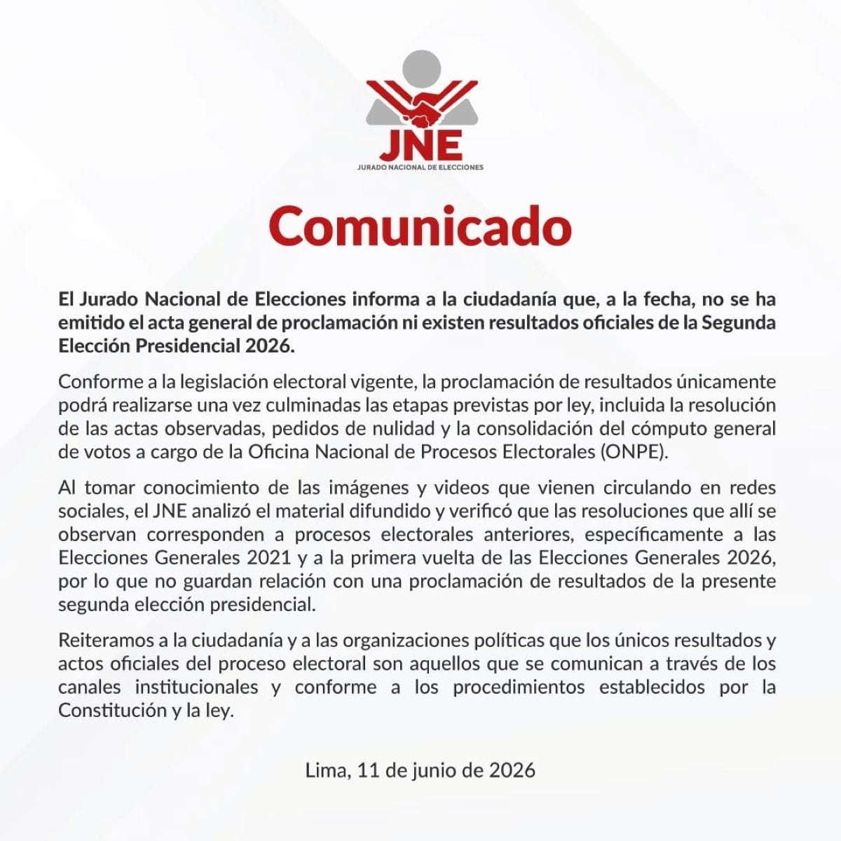 El JNE recordó que la proclamación oficial de resultados solo puede realizarse tras culminar todas las etapas previstas por la legislación electoral. Foto: X.