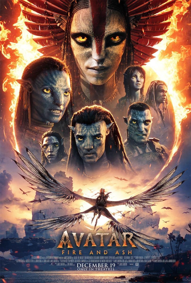 El póster de "Avatar: Fire and Ash", película del director James Cameron que se desarrolla a lo largo de 195 minutos de metraje (Foto: Walt Disney Pictures)