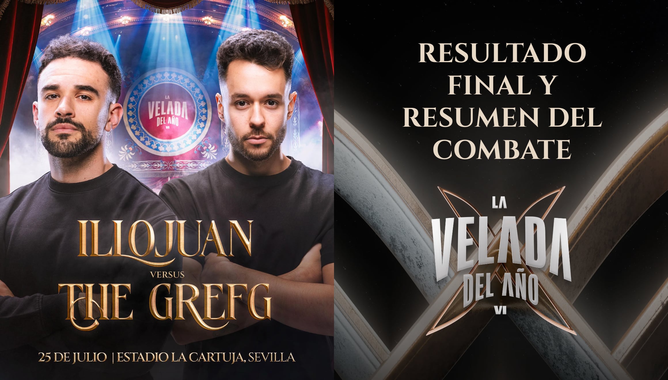 Acción en el ring entre IlloJuan y TheGrefg durante su esperado enfrentamiento en La Velada del Año VI. Vea el resumen del combate y el resultado final proclamado en la transmisión. | Crédito: infolavelada.com / Composición Gestión Mix