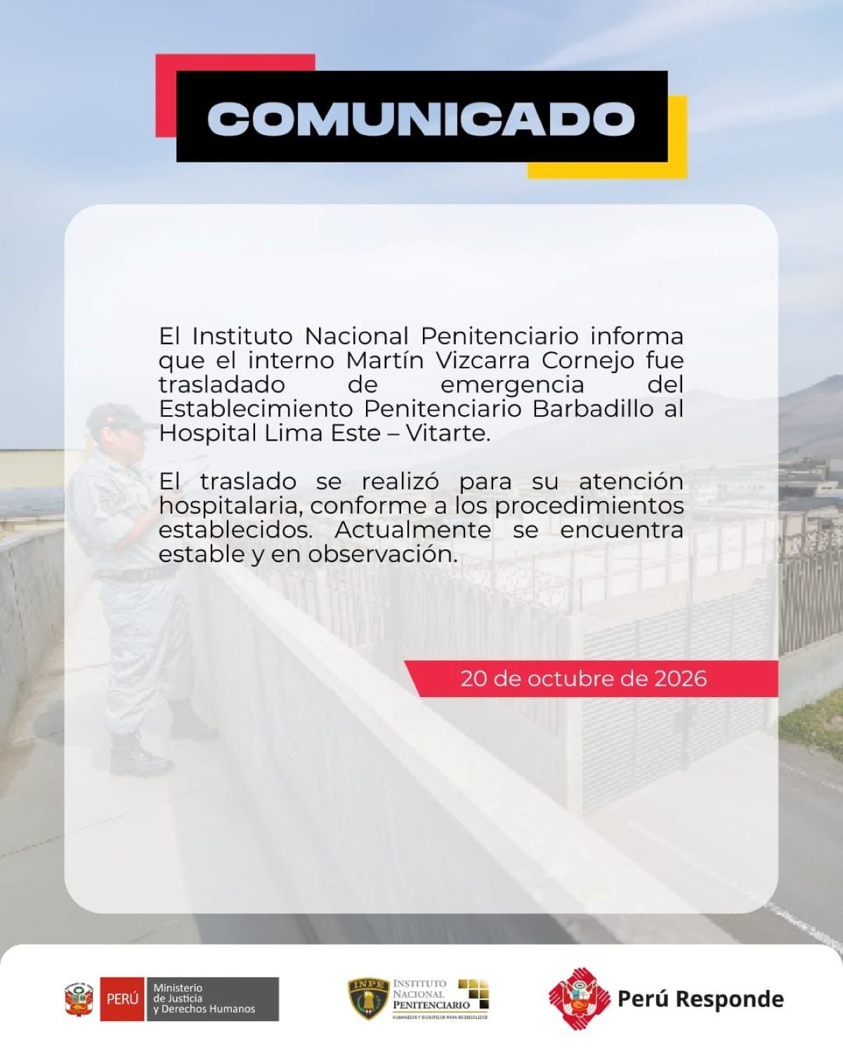 Comunicado del INPE sobre situación del expresidente Martín Vizcarra. Foto: X.