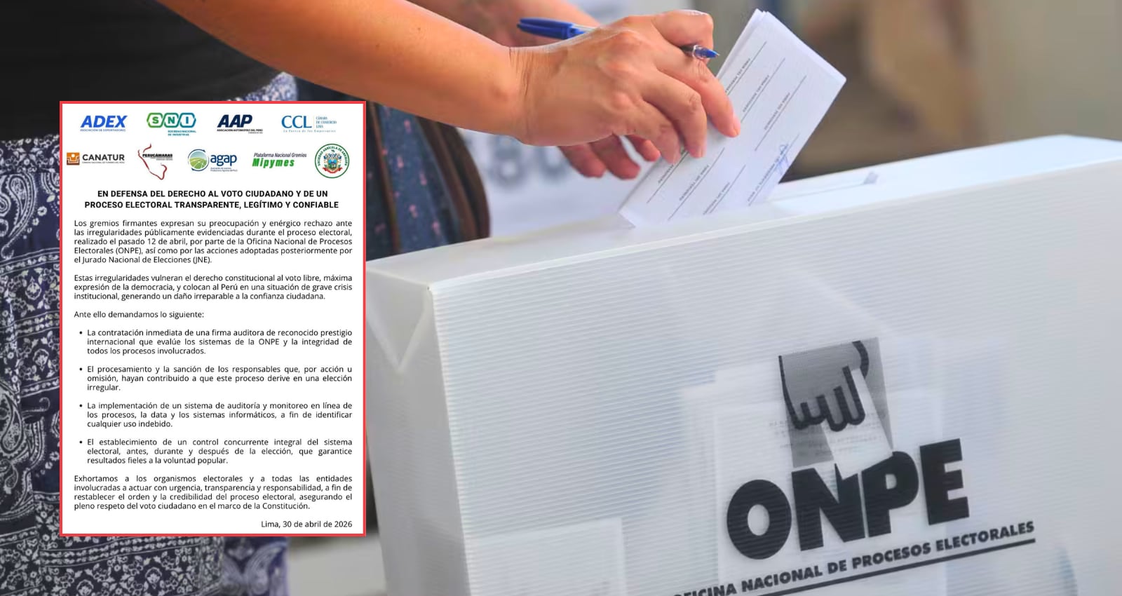 Gremios empresariales exigen auditoría internacional al sistema electoral de la ONPE tras comicios del 12 de abril. Foto: Composición GEC.