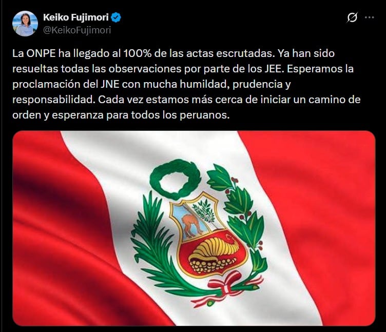 Tras el cierre del escrutinio, Keiko Fujimori llama al JNE a proclamar los resultados | Foto: X