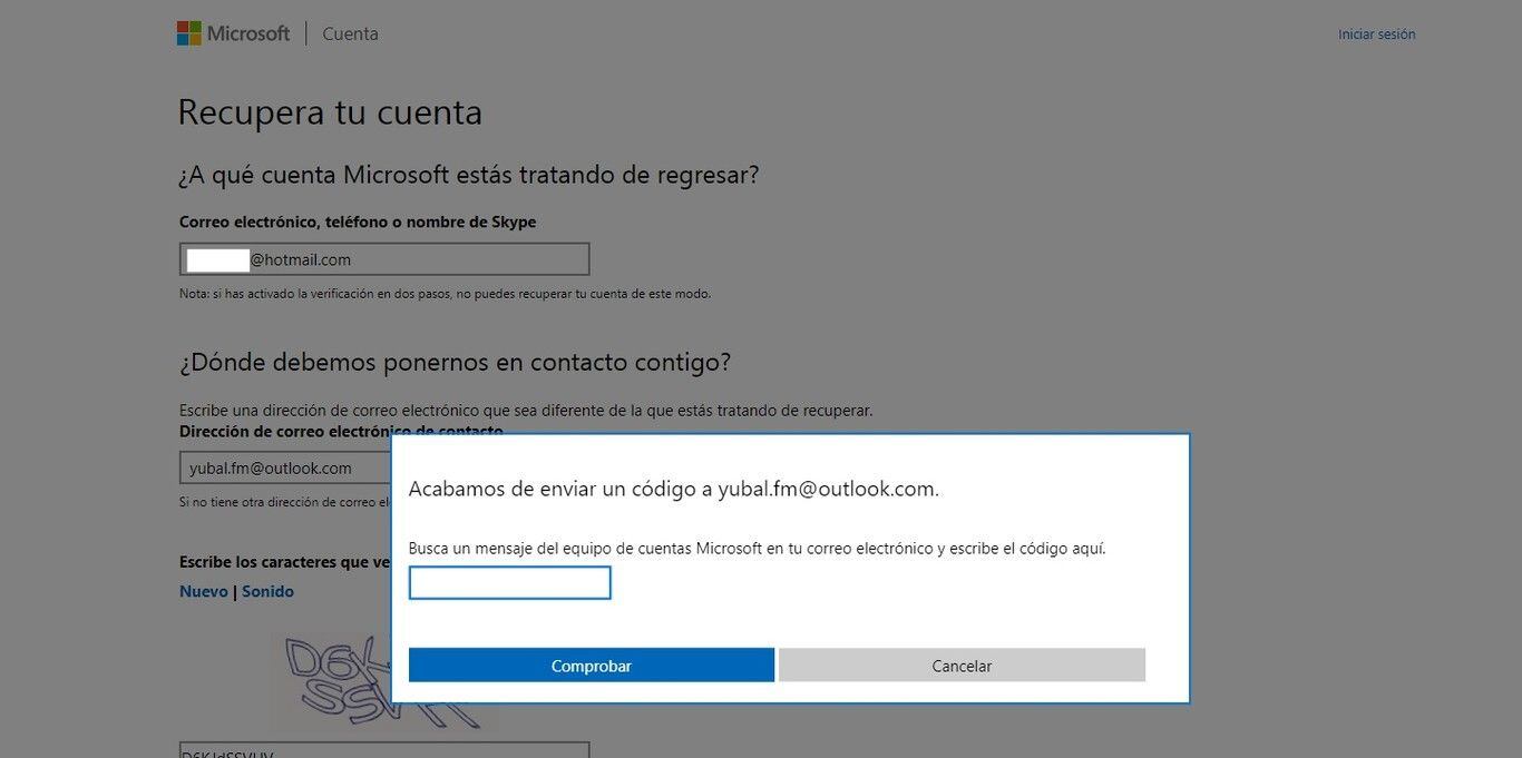 Ventana donde colocarás el código que te envíen. (Foto: Outlook)