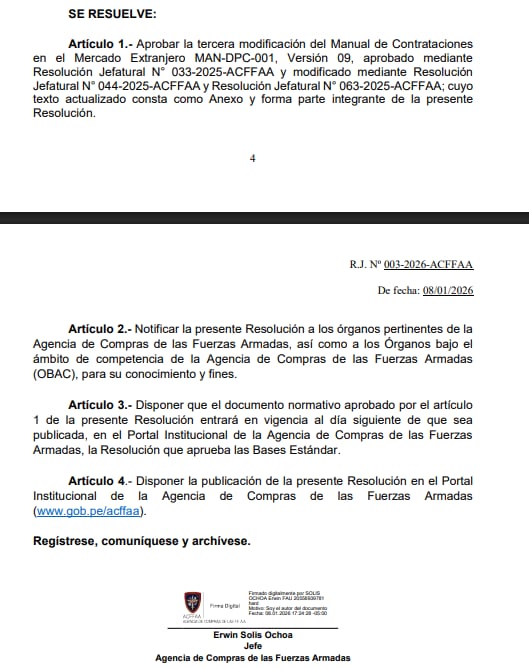 Resolución Jefatural N.° 003-2026-ACFFAA. Fuente: Mindef.