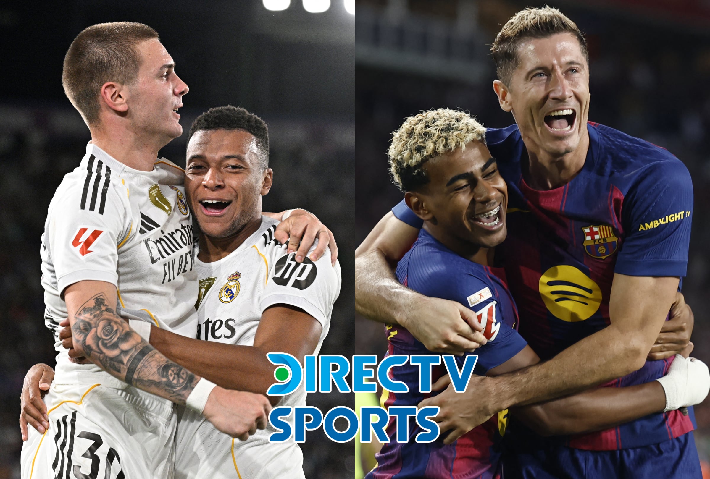 MADRID (ESPAÑA), 26/10/2025.- Cobertura oficial de DIRECTV Sports y DGO para ver el partido entre Real Madrid y FC Barcelona este domingo 26 de octubre por la Jornada 10 de LaLiga EA Sports 2025-26 desde el Estadio Santiago Bernabéu de Madrid, España. FOTOS DE JOSÉ JORDAN (i) y JOSEP LAGO (d) PARA AFP