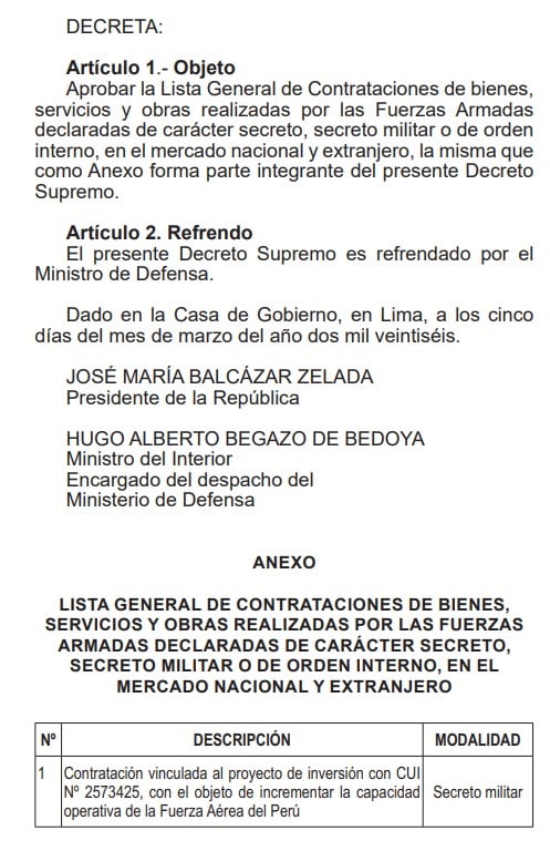 Decreto Supremo Nº 001-2026-DE. Fuente: El Peruano
