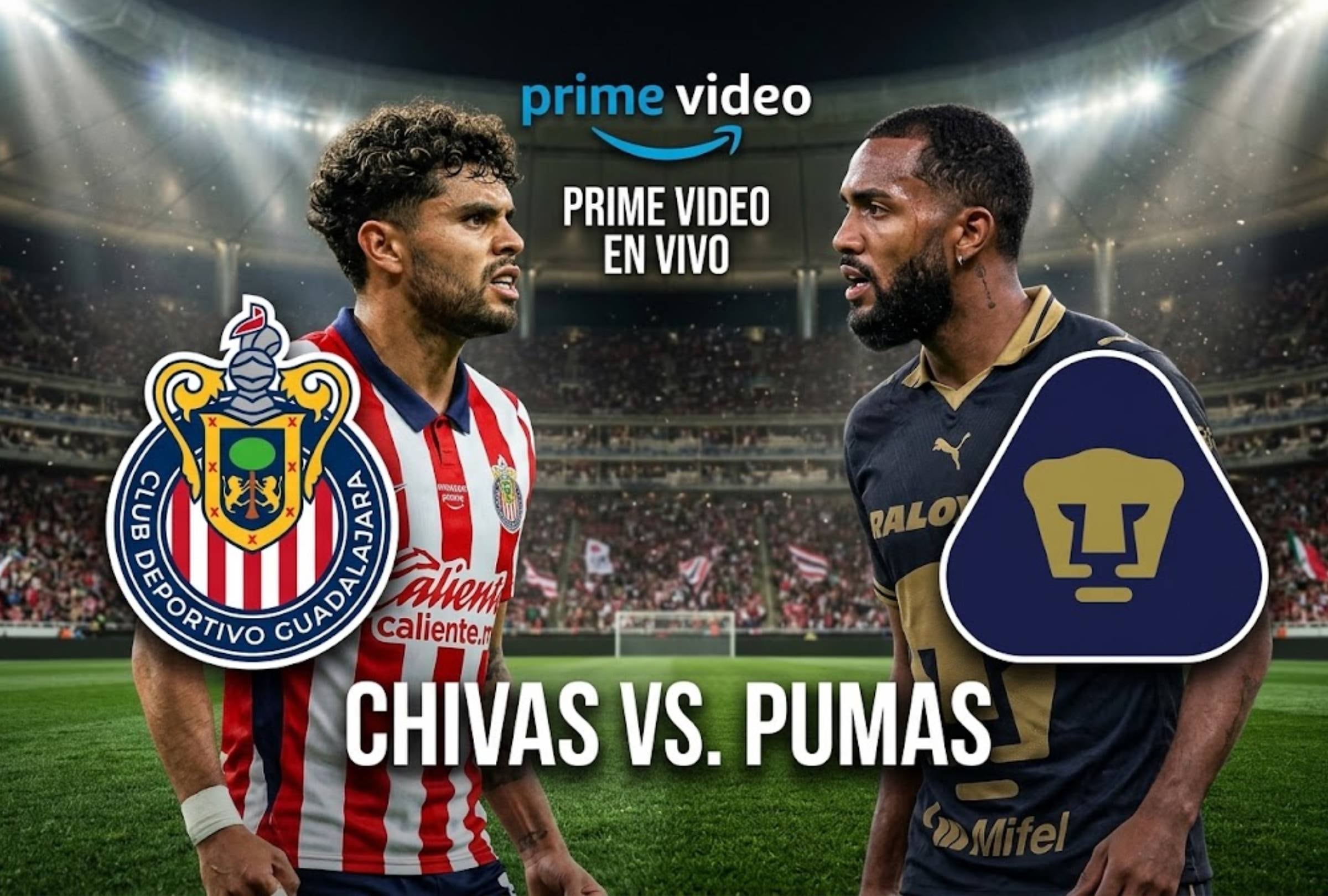 GUADALAJARA, JALISCO, MÉXICO, (13-09-2026).- Prime Video transmitirá EN VIVO el partido de Chivas de Guadalajara vs. Pumas UNAM por la Liga MX desde el Estadio Akron. FOTO: Imagen creada por la IA de Gemini.
