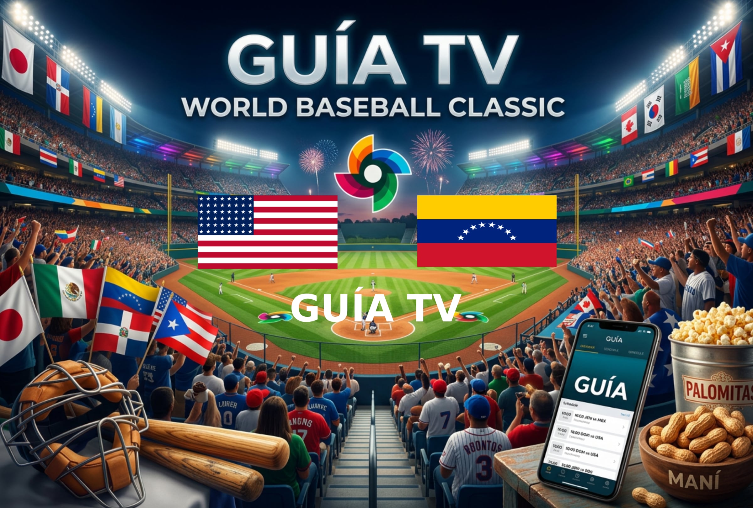 MIAMI, FLORIDA (ESTADOS UNIDOS), 17/03/2026.- Lista de horarios y canales de televisión para ver el juego de Estados Unidos (Team USA) vs. Venezuela este martes 17 de marzo por la final del Clásico Mundial de Béisbol 2026 desde Miami, Florida.. FOTO CREADA POR NOÉ YACTAYO CON PERPLEXITY AI PARA GESTIÓN MIX