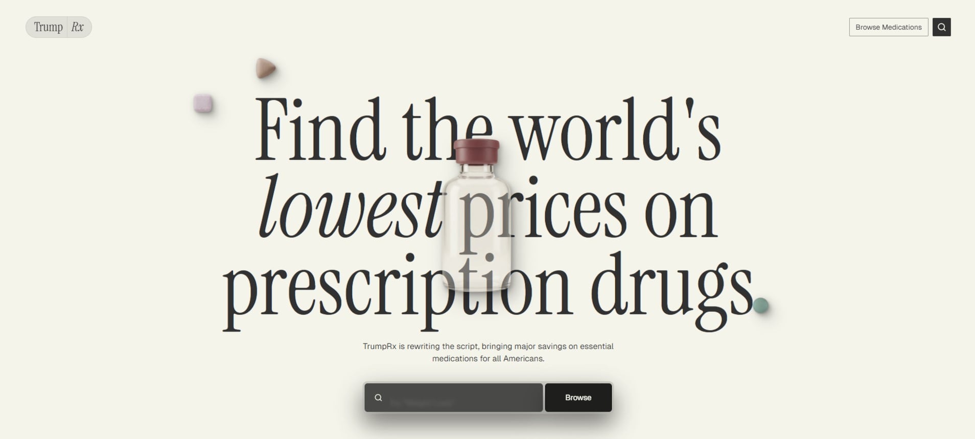 Esta es la portada principal del sitio web TrumpRX, una plataforma que ofrece los medicamentos más recetados de EE.UU. a precios bajos. (Crédito: trumprx.gov)