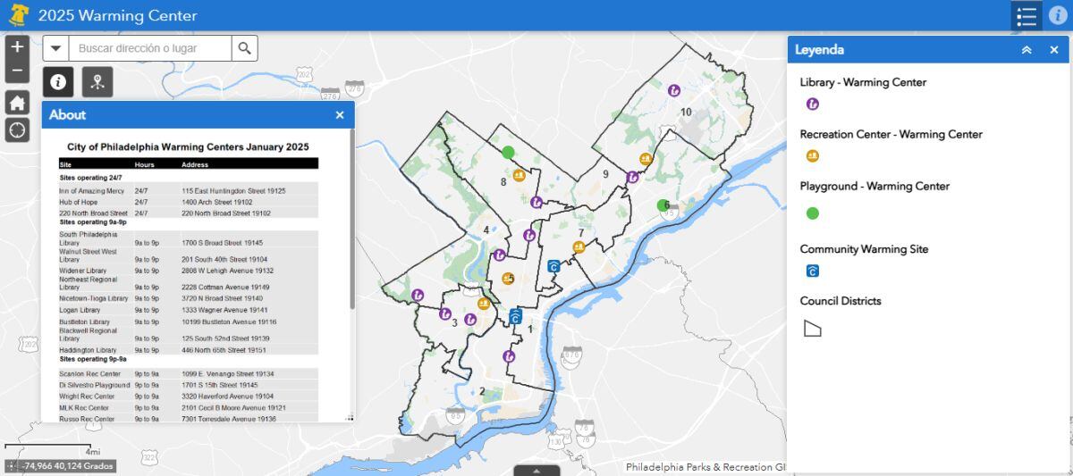 Mapa de refugios por Código Azul en Filadelfia (Foto: Warning Center Filadelfia)
