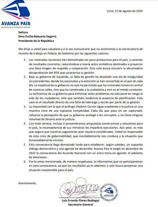 Avanza País rechaza dialogar con Dina Boluarte.