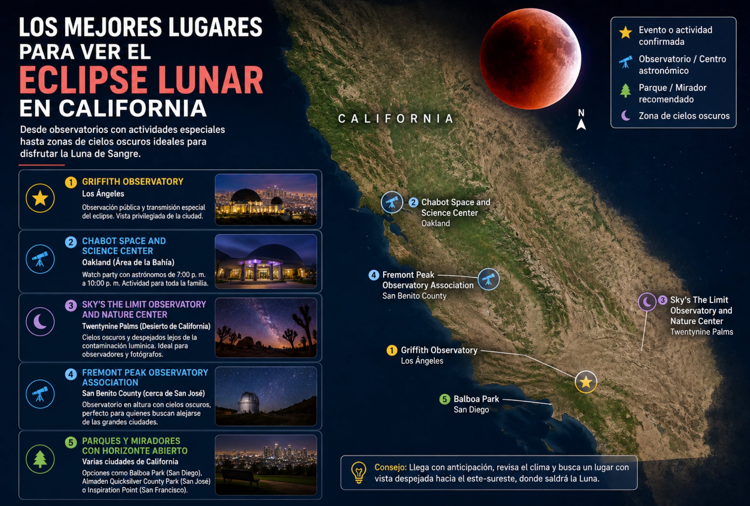 LOS ÁNGELES, CALIFORNIA (ESTADOS UNIDOS), 27/08/2026.- California contará con observatorios, centros astronómicos y zonas de cielo oscuro desde donde seguir el eclipse lunar. Griffith Observatory y Chabot Space and Science Center destacan entre los puntos con actividades especiales, mientras que otras áreas ofrecen horizontes más despejados y menor contaminación lumínica. FOTO DE NOÉ YACTAYO