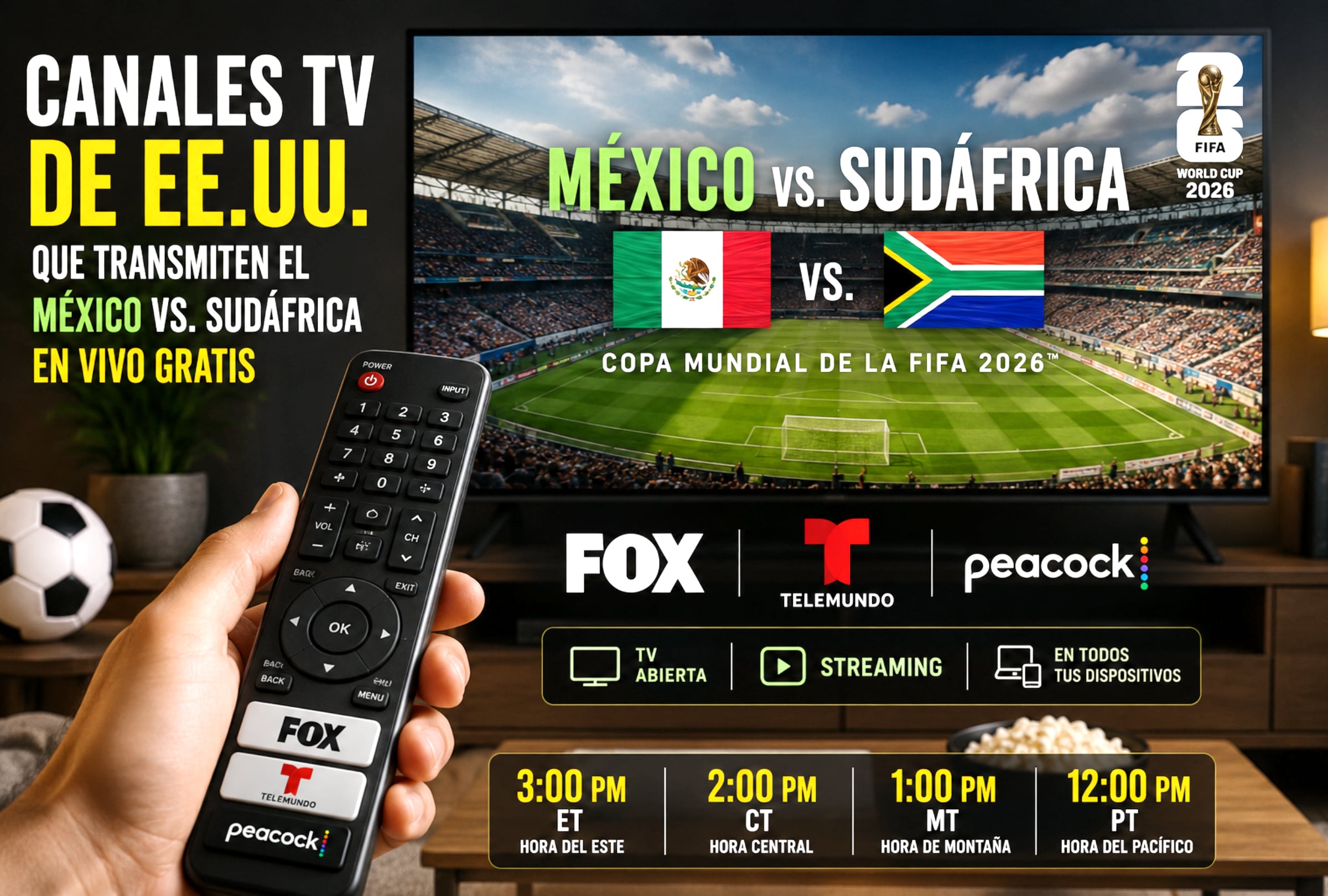 CIUDAD DE MÉXICO (MÉXICO), 11/06/2026.- Estos son los canales de TV y servicios streaming de Estados Unidos para ver el partido entre México y Sudáfrica, este jueves 11 de junio, por la fecha 1 del Grupo A de la Copa Mundial 2026 desde el Estadio Azteca de la CDMX. FOTO DE NOÉ YACTAYO CREADA CON IA DE CHATGPT PARA MAG DE EL COMERCIO