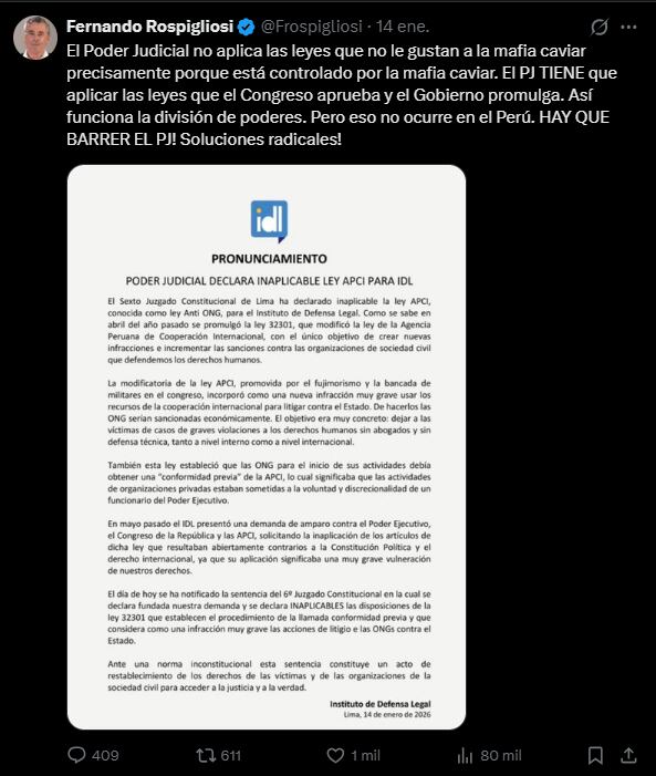 Tuit de Fernando Rospigliosi donde pide "barrer" con el sistema judicial. No es el único. Foto: captura Twitter / Fernando Rospigliosi
