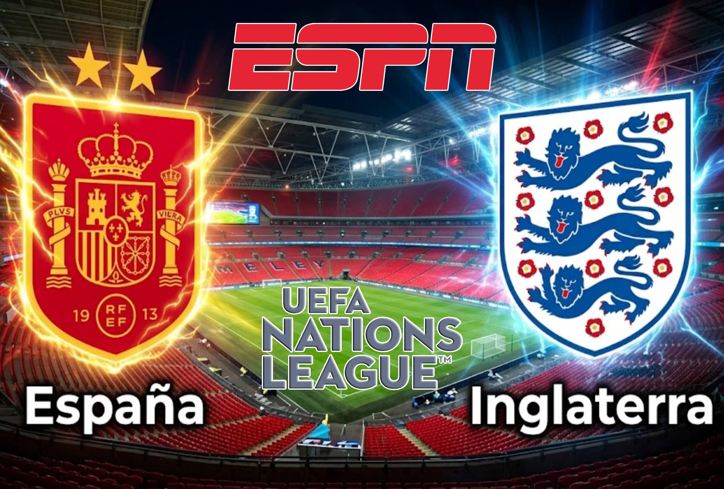 LONDRES, INGLATERRA, 26-09-2026.- ESPN y Disney Plus transmitirán EN VIVO el partido entre Inglaterra vs. España desde Wembley por la primera jornada de la Liga de Naciones de la UEFA. FOTO: Imagen creada por la IA de Gemini.