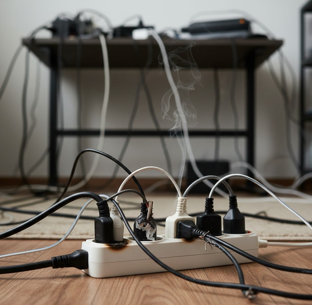 Expertos advierten que señales como luces parpadeantes, olores extraños o enchufes calientes pueden indicar un problema grave. (Imagen referencial creada por El Comercio MAG usando la IA de "Perplexity")