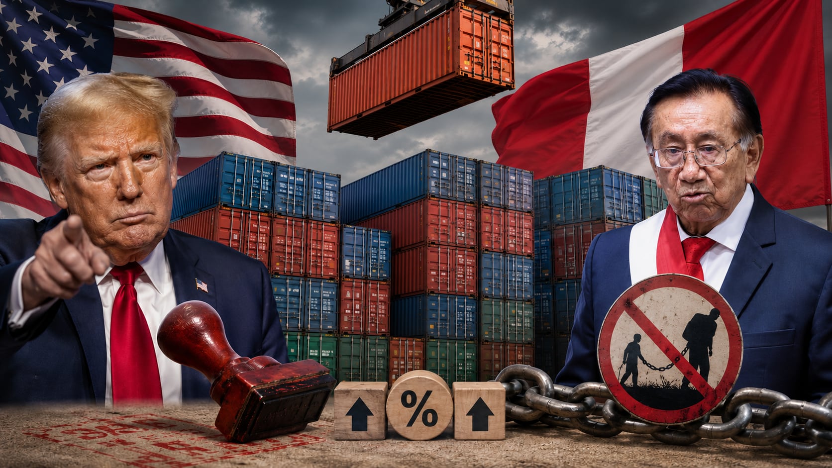 La USTR, oficina comercial de EE.UU. podría ordenar aplicar aranceles a todos los productos peruanos de entre 10% a 12.5%. Fotocomposición: Alessandro Azurín, ChatGPT, Diario Gestión.