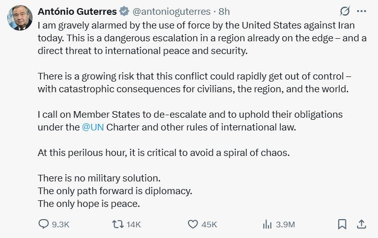 Publicación del secretario general de Naciones Unidas, António Guterres, en X.