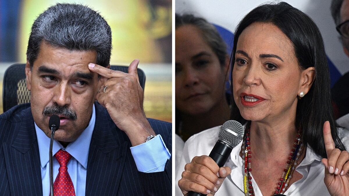 El mandatario venezolano, Nicolás Maduro; y la líder opositora, María Corina Machado. (Foto de Federico PARRA / AFP)