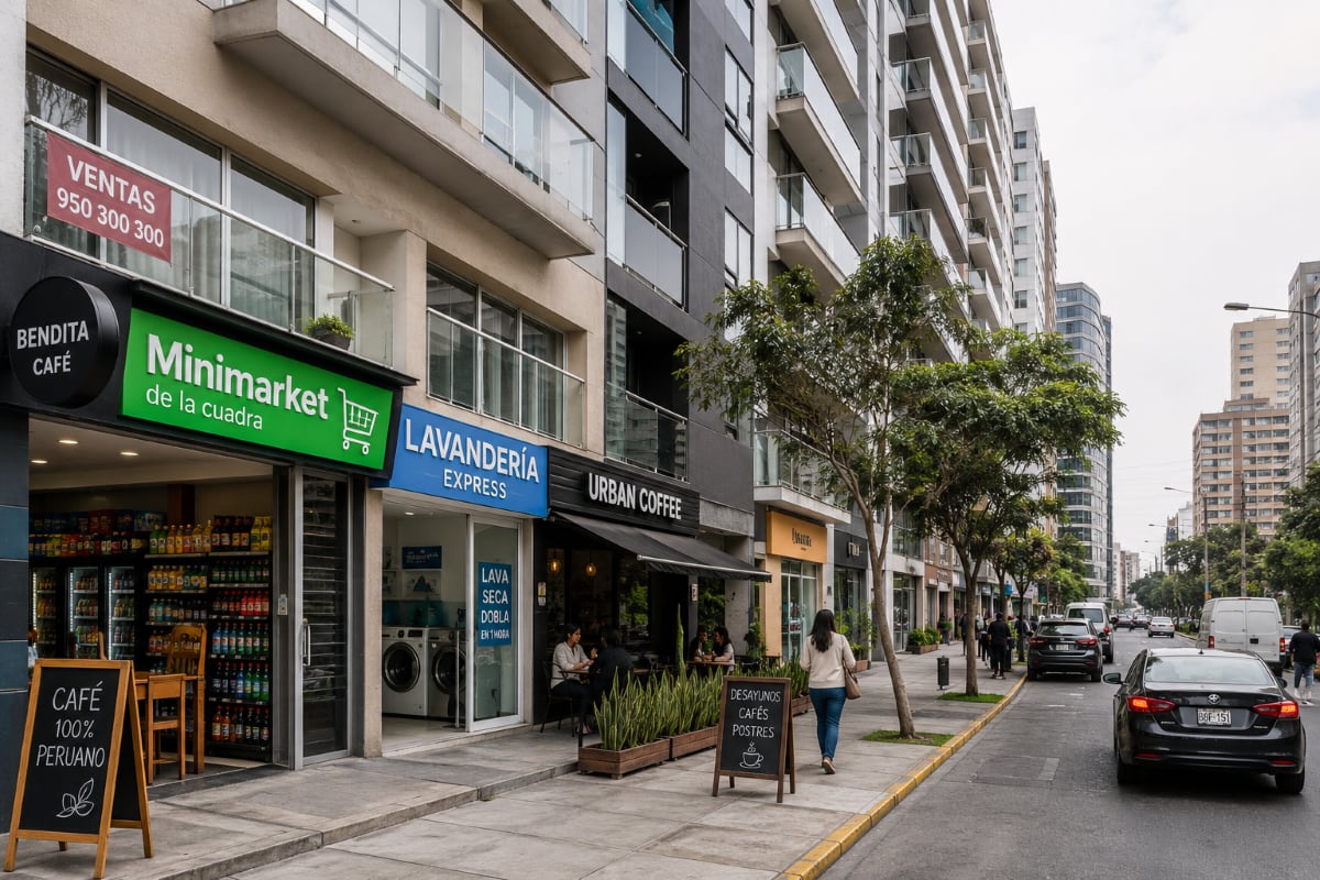 Bodegas, cafeterías, lavanderías, gimnasios y negocios para mascotas suelen ser los primeros beneficiados cuando un edificio residencial comienza a ser habitado. Foto: Composición Gestión/ ChatGPT.