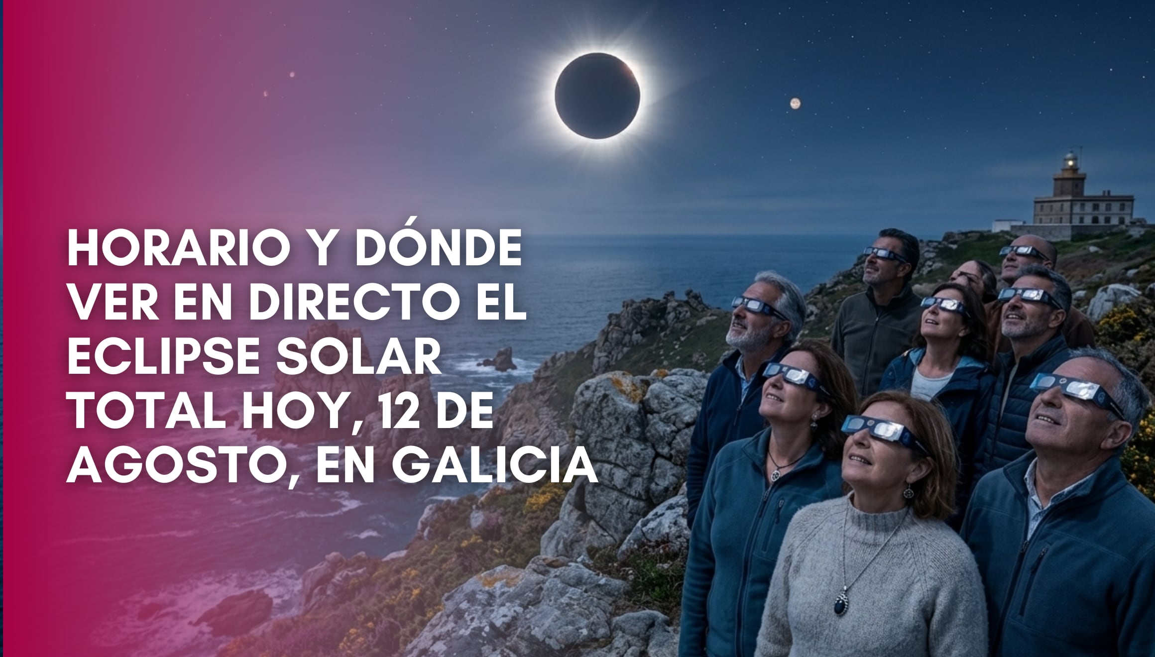 Vista panorámica del eclipse solar total sobre la costa de Galicia durante el atardecer del 12 de agosto. Los observadores se reúnen en miradores gallegos para seguir el evento astronómico en directo. | Imagen referencial creada por Gestión Mix utilizando la IA de Gemini / Composición GEC